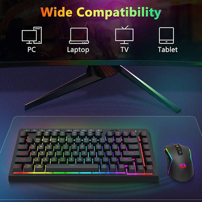 Redragon Wireless Gaming Keyboard and Mouse Combo, 75% Portable, Black | Bluetooth/2.4G/USB-C Wired, RGB Backlit, Quiet Rechargeable Macro Membrane Keyboard & 12800 DPI Mouse for Win/MAC