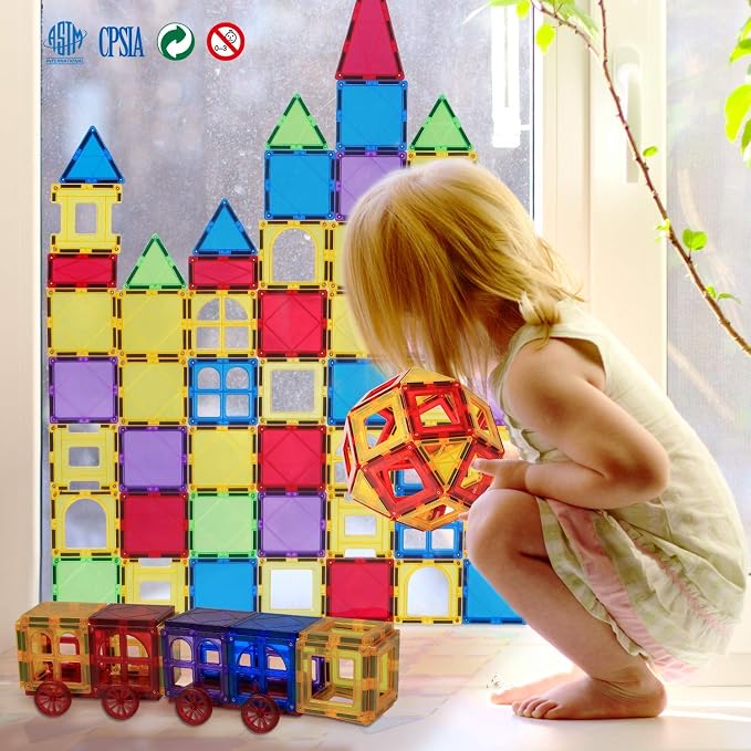 Magnetic Tiles Toys for Kids Preschool Learning, Magnetic Blocks Sensory Montessori Toys Set All Pieces with Magnets, Ideal STEM Educational Construction Gifts for 3+ Year Old Boys and Girls 32PCS