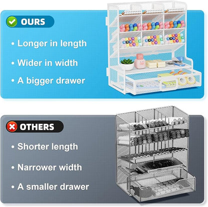 Marbrasse Larger Mesh Desk Organizer with Drawer, Multi-Functional Pen Pencil Holder, Easy Assembly, Desk Organizers and Accessories for Office Art Supplies (White) | Multi-Functional Pen Pencil Holder, Easy Assembly, For Office Art Supplies