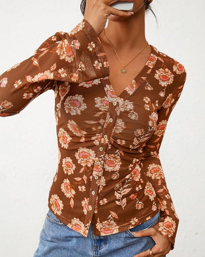 BTFBM Button Down Shirts for Women 2026 Fall Boho Tops V Neck Long Sleeve Blouses Ruched Mesh Fitted Fashion Clothing