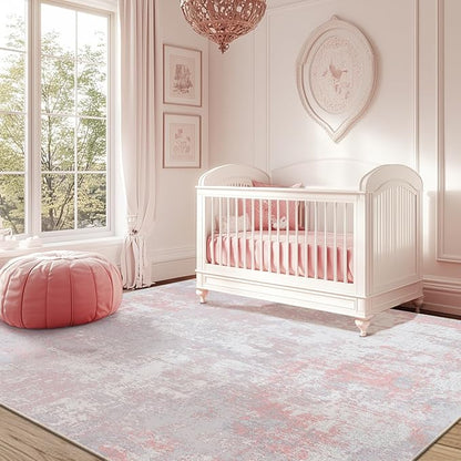 RELEANY Washable Area Rugs 4'x5' Non-Slip Modern Abstract Soft for Living Room Entryway Bedroom Kitchen, Print Pattern, Grey Pink