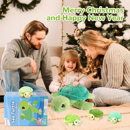 gnomantic Turtle Stuffed Animals with Babies Inside, Mommy Toy for Kids | 5-Piece set: 1 mommy turtle + 4 baby turtles inside. Unzip belly to reveal surprise babies. Ultra-soft, ages 3-8.