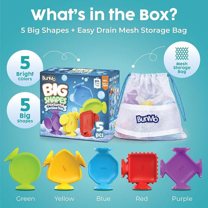 Bunmo Toddler Bath Toys - Best Montessori Toys for Kids Ages 1 2 3 4 Year Old Boys & Girls Gifts, Best Sensory Toy for Babies 12 Months +, No Hole Bath Toy for Kids Ages 1-3 & 2-4 (Big Shapes 5 Pack)