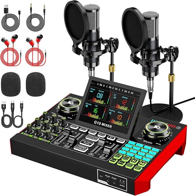 tenlamp G10 Podcast Equipment Bundle for 2 with Live Sound Board Audio Mixer - Two Condenser Mics, Voice Changer, Noise Reduction, for PC/Phone Streaming, Gaming, Singing, Podcast, Recording