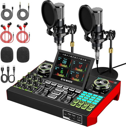 tenlamp G10 Podcast Equipment Bundle for 2 with Live Sound Board Audio Mixer - Two Condenser Mics, Voice Changer, Noise Reduction, for PC/Phone Streaming, Gaming, Singing, Podcast, Recording