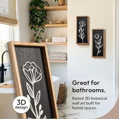 3D Vintage Black Living Room Decor (Set of 2) Lightweight, Wooden Ready-to-Hang Framed Moody Floral Wall Art for Bathroom, Bedroom or Office - Dark Textured Boho Farmhouse Wall Decor - Gift-Boxed