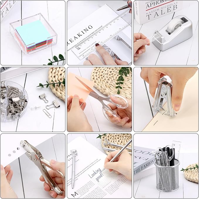 17 in1 Silvery Desk Organizers and Accessories Set, 3 Office Desk Supplies Storage Organization, 4 Pens, Stapler, Staples & Remover, Tape & Dispenser, Scissors, Ruler, Clips, Hole Punch Back to School