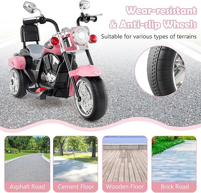 Costzon Kids Motorcycle, 6V Battery Powered Ride on Chopper Motorcycle w/Horn, Headlight, 3-Wheel Stable Ride on Toys, Electric Toddler Motorcycle for Kids, Gift for Boys Girls (Laser Pink)