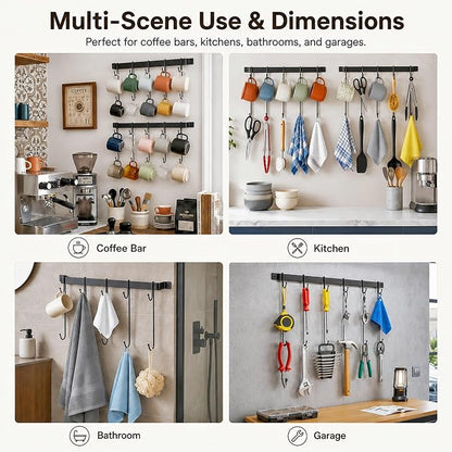 17" Coffee Mug Hook Rack Wall Mounted Set of 2 | Black Metal Tea Cup Holder Hanger Organizer 10 Hooks, Kitchen Rail Utensil Rack for Dining Room Coffee Bar