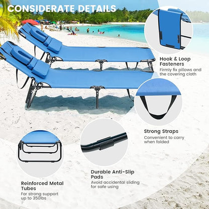 GYMAX Tanning Chair, 350lbs Beach Lounge Chair with Face Hole, Washable Pillow & Carry Strap, Adjustable Folding Chaise Lounge, Layout Lounger for Outside, Patio, Poolside, Lawn (1, Blue)