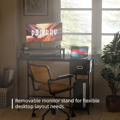 Pamray 39 Inch Small Computer Desk with Monitor Stand and Drawer for Gaming | Small Gaming Desk, for Bedroom Small Spaces, Home Office, Dorm and Apartment, for Writing, Study and Working