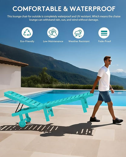 SERWALL Outdoor Chaise Lounge Set of 2, All-Weather HDPE Pool Lounge Chairs with 5-Position Adjustable Backrest, Rolling Wheels & Cup Holder for Poolside, Aruba