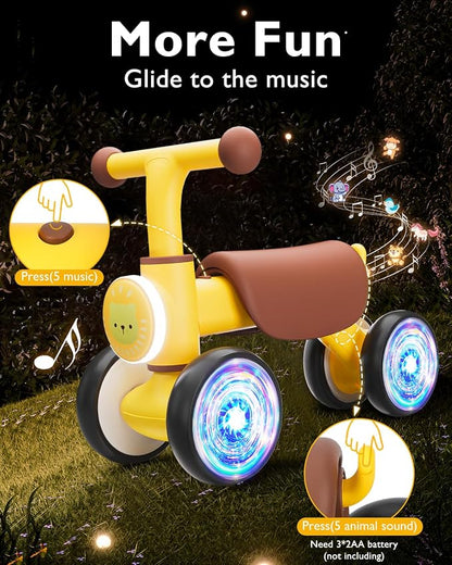 Balance Bike Toys for 1 Year Old Boy, Toddler Toys for 1 Year Old Girls Gifts, Toddler Bike with Colorful Glow Wheel, Soft Music, Cute Animal Sound, One Year Old Birthday Gifts