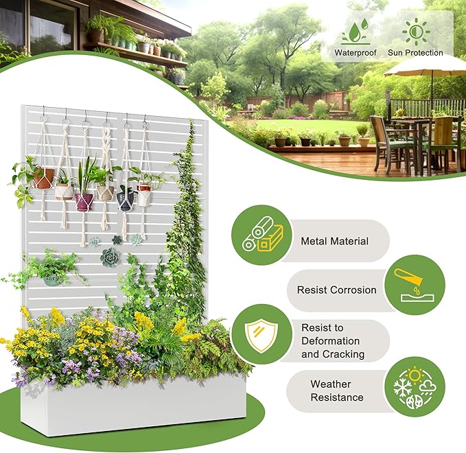 FENCY Metal Raised Garden Bed with Trellis, Metal Planter Box with Trellis, Garden Box for Climbing Plants Vegetable, 47" Lx16 Wx71 H Garden Bed with Drainage Holes(White-Louvered)