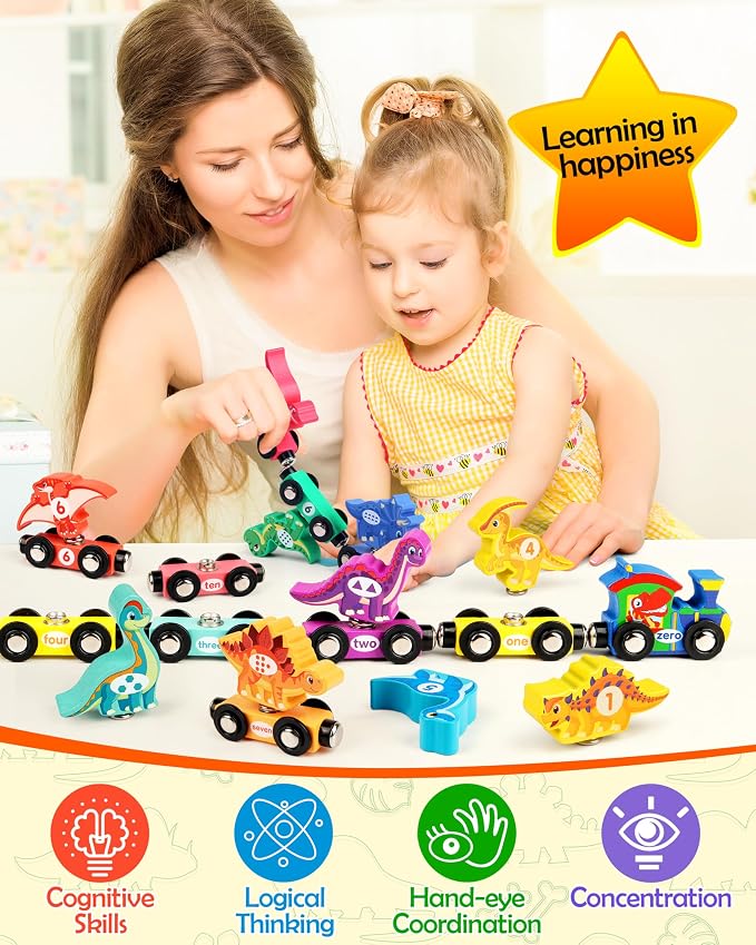 Wooden Dinosaur Train Set, Magnetic Dinosaur Toys and Number Train for Toddlers, Educational Montessori Toy for Counting and Motor Skills, for 3-5 Year Old Boys Girls