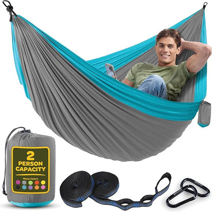 Durable Hammock 500 lb Capacity, Nylon Camping Hammock Chair - Double or Single Sizes w/Tree Straps and Attached Carry Bag - for Travel/Backpacking/Beach/Backyard (Large, Light Grey & Sky Blue)