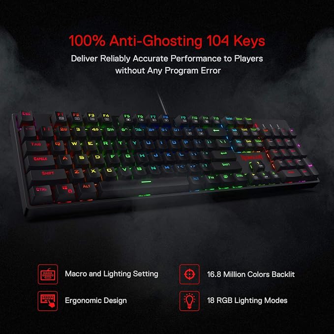 Redragon K582 Wired RGB Mechanical Gaming Keyboard, 104-Key Standard Layout | 16.8M Color Immersive eSports Lighting Vibe, N-Key Rollover for Accurate Combos, 50M-Keystroke Durability, Customize Software