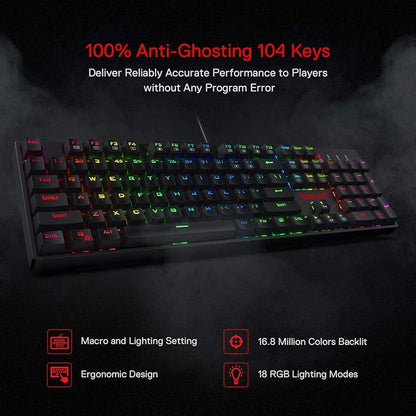 Redragon K582 Wired RGB Mechanical Gaming Keyboard, 104-Key Standard Layout | 16.8M Color Immersive eSports Lighting Vibe, N-Key Rollover for Accurate Combos, 50M-Keystroke Durability, Customize Software