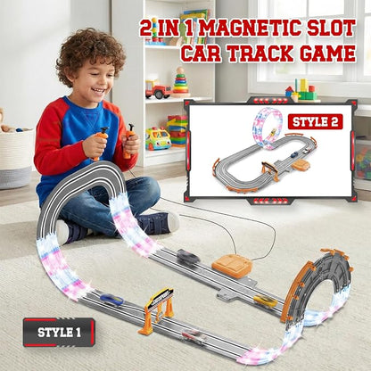 9.86ft 2-in-1 Slot Car Track Sets Toy - with 4 Cars, Battery or Electric Car Track Set with Dual Racing Game, Flash Circular Track, Lap Counter,Birthday Xmas Gifts Toys for Boys(S2-Concrete)