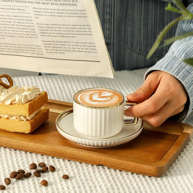 LETAOTAO Espresso Cups Set of 4, 3oz Espresso Cups and Saucers | Ceramic Coffee Cups with Gold Trim, Stackable Mini Demitasse Mugs for Espresso, Cappuccino,Latte, Americano and Tea