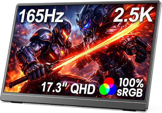 MNN 17.3" QHD 165Hz USB-C HDMI Gaming Monitor | 17.3" QHD 165Hz IPS 100% sRGB, USB-C/HDMI, kickstand, slim metal, travel gaming for PC/Phone/PS5/Xbox.