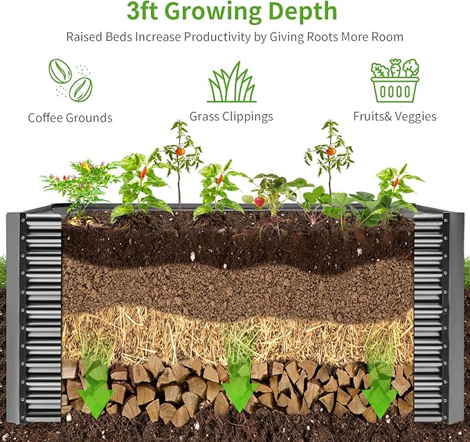 Land Guard 6x3x3ft Rectangular Galvanized Raised Garden Beds, Large-Capacity Metal Planter Box Outdoor, Durable Deep Raised Garden Bed 3ft Tall, Raised Beds for Gardening Vegetables, Modern Gray