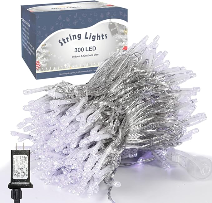LJLNION 300 LED String Lights Outdoor Indoor, Extra Long 98.5FT Super Bright Christmas Lights, 8 Lighting Modes, Plug in Waterproof Fairy Lights for Holiday Wedding Party Bedroom Decorations ( White)