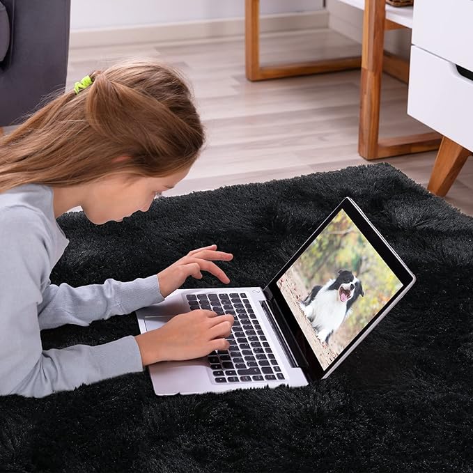 Softlife Rug for Living Room 5.3x7.6 Feet Area Rug for Bedroom Super Soft Shaggy Rugs for Kids Room Fluffy Fuzzy Carpets Long Plush Bedside Rug Nursery Christmas Home Decoration for Boys Girls, Black