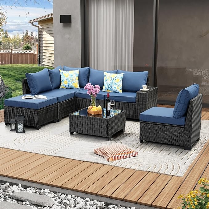 7 Pieces Patio Furniture Set All-Weather Outdoor Wicker Sectional Conversation Sofa Rattan Patio Seating Sofa with Cushion and Glass Table and Ottoman for Porch Poolside,Navy