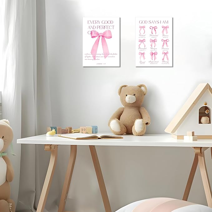 Coquette Pink Bow Wall Art Decor Canvas Posters Framed, Inspirational Bible Verses Bow Wall Decor,Room Bedroom Bathroom Decor Aesthetic for Teen Girls Gifts, 12x16 Inch Set of 3 Bow Pictures