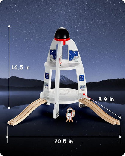 SainSmart Jr. Wooden Train Track Accessory, Space Launcher Rocket Ship Play Set with Astronauts, Compatible with Brio, Thomas, Melissa and Doug