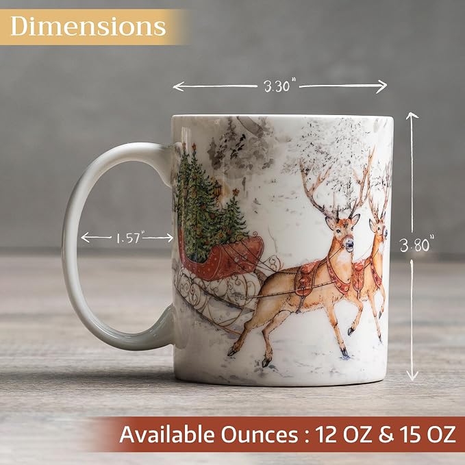 Maison d' Hermine Coffee Mug with Handles Tea Cups (15 Ounce, Pack of 1) | Fine Bone China Coffee Mugs for Hot Beverages Cappuccino Latte Home Hotel Spring Summer -Christmas Tradition - Reindeer