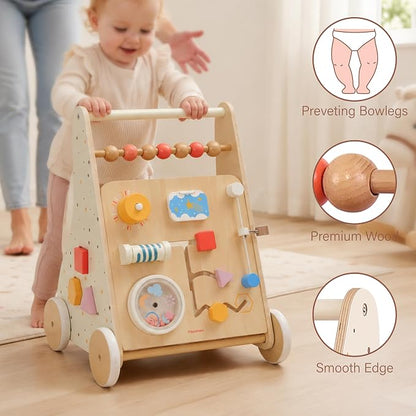 Pillowhale Wooden Baby Walker with Wheels Montessori Activity Push Walker Toy for Toddlers Adjustable Speed & Activity Center for Girls Boys 12M+