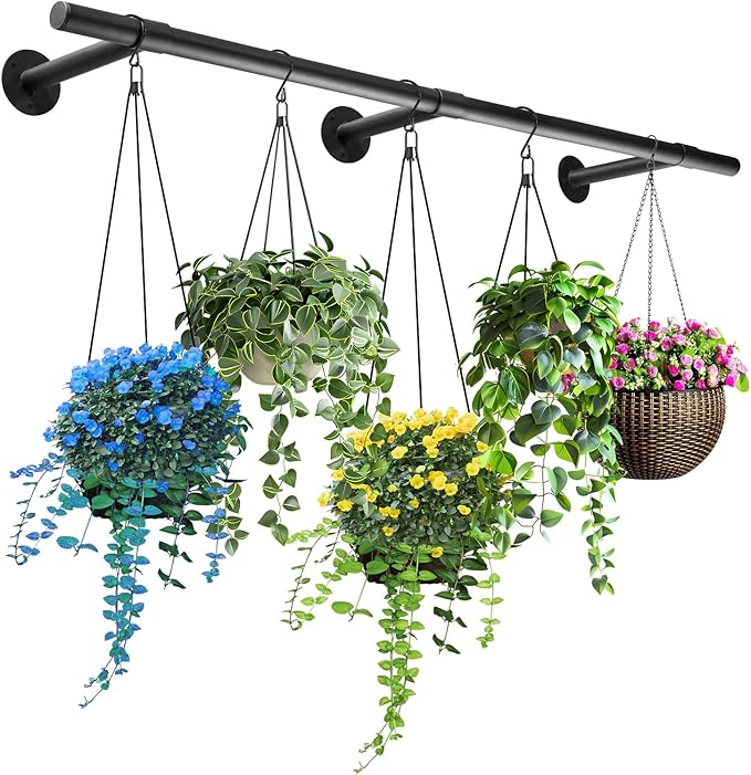 Hanging Planters Rod – Plant Hanger Indoor for Window Ceiling, Hanging Plant Shelf for Wall Planter House Plants, Plant Shelves Metal Holder Bar 63In (Pots, plants, chains not included)