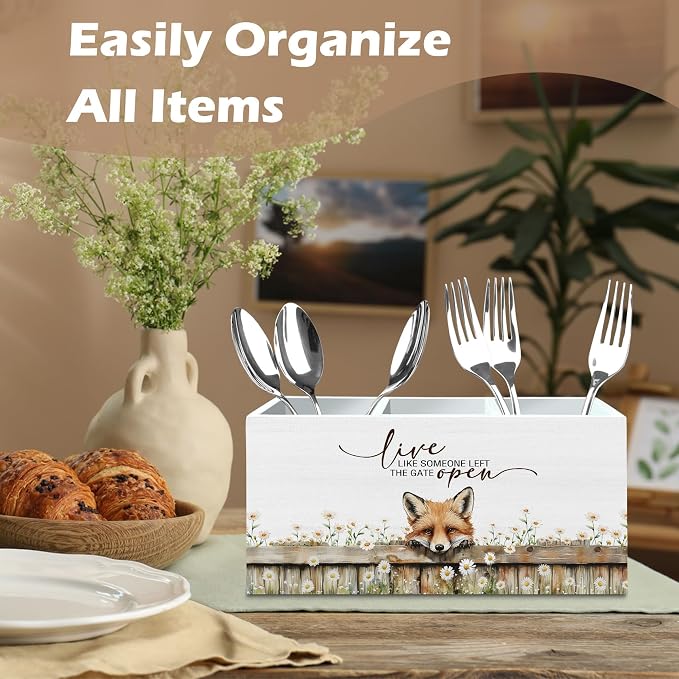DILSJ Fox Inspirational Pen Pencil Holder Organizer For Desk, Fox Gifts For Women, Rustic Floral Live Like Someone Left The Gate Open Wooden Box Signs For Home Office Desk Tabletop Decoration