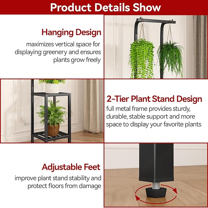 IBUYKE 67 Inch Tall Plant Stand Indoor Outdoor, 3 Tier Metal Hanging Plant Shelf for Multiple Plant, Heavy Duty Plant Holder Flower Stand for Living Room Patio Balcony Garden, Black TMJ076B