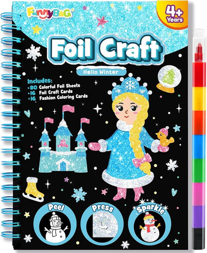 FUNNYB&G Foil Art Craft Kit for Girls 4-10 Years Old: Mess-Free & No-Glue, Create 16 Sparkly Winter Pictures – Perfect Travel Toy & Birthday Gift for Kids (Winter)