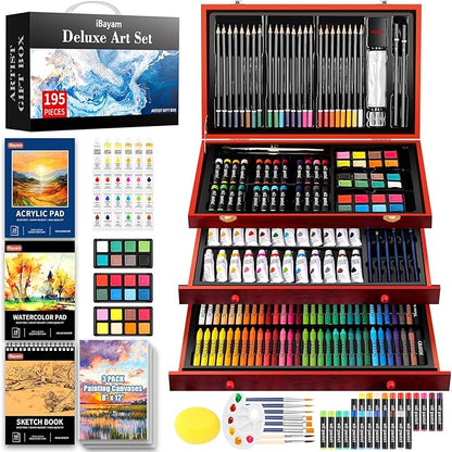 iBayam Art Supplies, 195 Pack Art Set Drawing Kit for Adult, Arts and Crafts Painting Kit, Art Kits Paint Set with Acrylic Pad, Sketchbooks, Watercolor Pad, Canvases, Gift Box