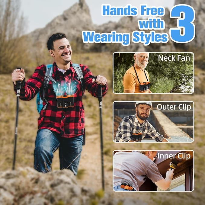 12000mAh Portable Waist Fan, 6 in 1 Rechargeable Wearable Belt Clip Fan with Flashlight & Detachable Power Bank, Strong Airflow Body Fans Neck Fans Hands-Free 30H Cooling for Hiking Cruise Courier
