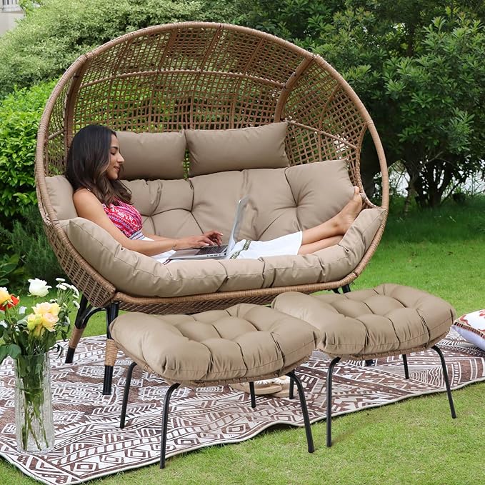NICESOUL Double Egg Chair with Footstools & Cushions, Oversized Wicker Boho Chair Extra Large with Footrests Stationary 2 Person Loveseat Comfort Deep Seating for Indoor Outdoor