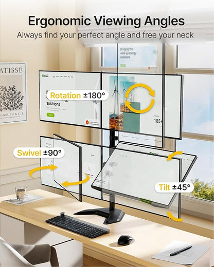 monTEK Freestanding Quad Monitor Stand for Four 17-32" Screens, 22 lbs Each | Solid V-shaped base, four-screen full-motion arms, height adjustment, tilt, swivel, rotation and VESA 75/100
