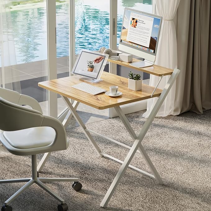 GreenForest Folding Desk No Assembly, Sturdy Computer Desk for Small Spaces | Portable Foldable Table for Laptop, 2-Tier Compact with Shelf, Space Saving for Home Office, Dorm, Apartment, 24.5"x 30" Oak