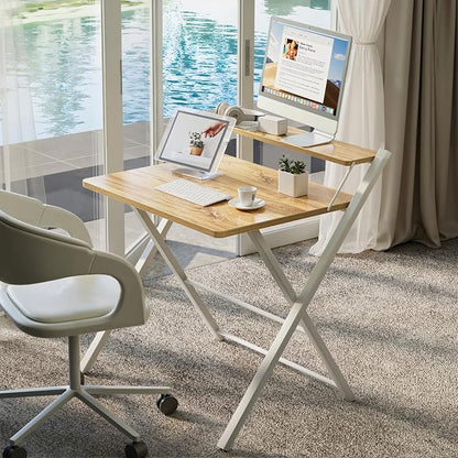 GreenForest Folding Desk No Assembly, Sturdy Computer Desk for Small Spaces | Portable Foldable Table for Laptop, 2-Tier Compact with Shelf, Space Saving for Home Office, Dorm, Apartment, 24.5"x 30" Oak