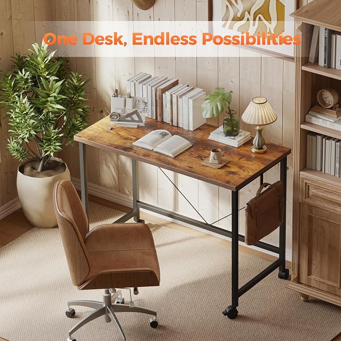 Mericonia 39x20 Inch Computer Desk with Wheels, Small Simple Rolling Desk | Writing Table for Home Office Bedroom Work Study, Brown