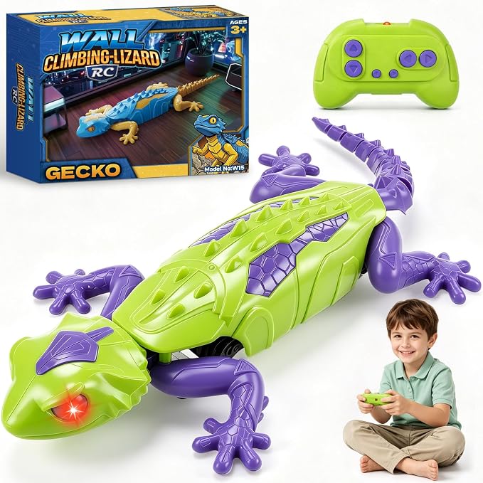 RC Wall Climbing Gecko, Rechargeable Remote Control Lizard Robot for Kids | 360° Rotating Wall Crawler Toy with LED Eyes, RC Stunt Car Toy Birthday Christmas Gift for 3-12 Year Old Boys Girls