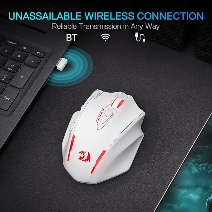 Redragon M913 MAX Wireless Gaming Mouse, 26000 DPI MMO Optical Mouse with 16 Programmable Buttons, BT & 2.4G Wireless, Software Supports DIY Keybinds, White