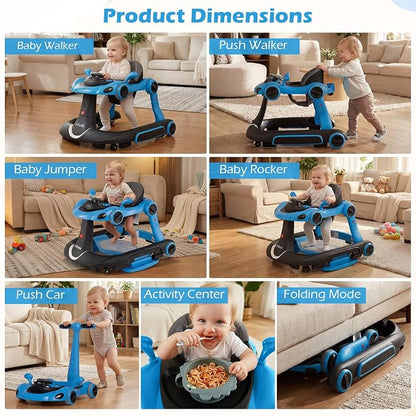 INFANS 6-in-1 Foldable Baby Walker, Converts Push Car to Bouncer, Rocker with Music, Lights, Adjustable Height & Speed, Activity Center, Canopy for 7-18 Months (Blue)