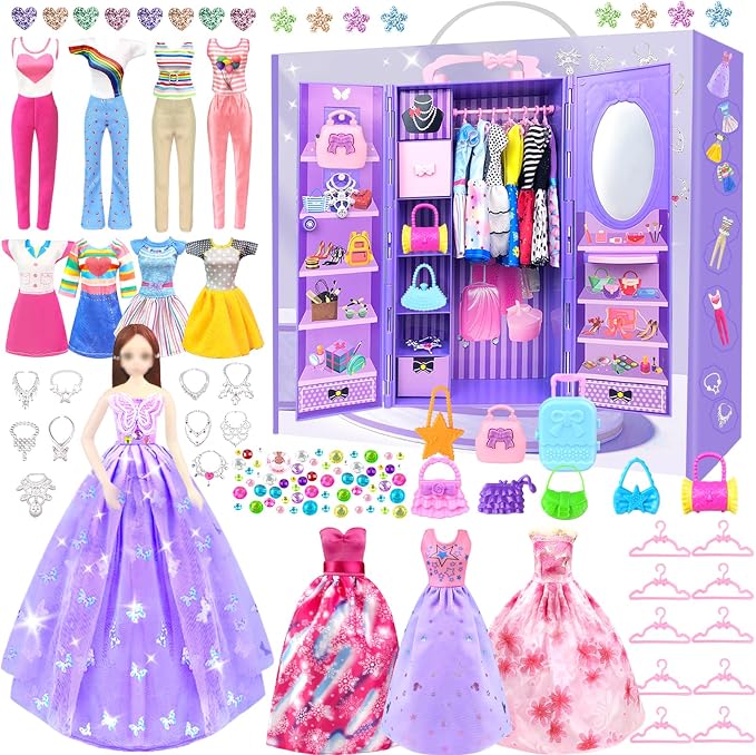 65Pcs Doll Clothes and Accessories with Doll Closet for 11.5 Inch Doll Dress up Set with 1 Doll Fashion Dresses Outfits Tops and Pants Shoe Rack Bags Gift Toy for Girls 4 5 6 7 8 9 10 Years