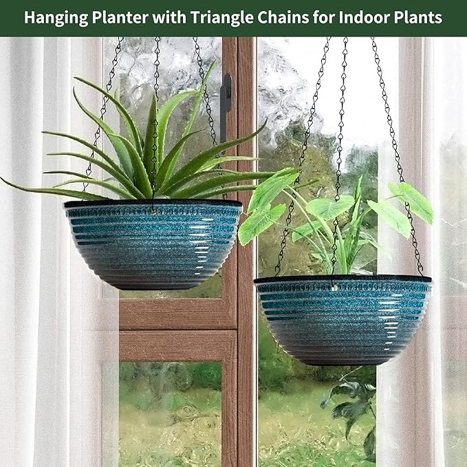 12 inch Large Hanging Planters for Indoor Outdoor Plants, Set of 2 Glazed Hanging Flower Pots with Drainage Hole, Hanging Baskets for Garden Home Porch Decor