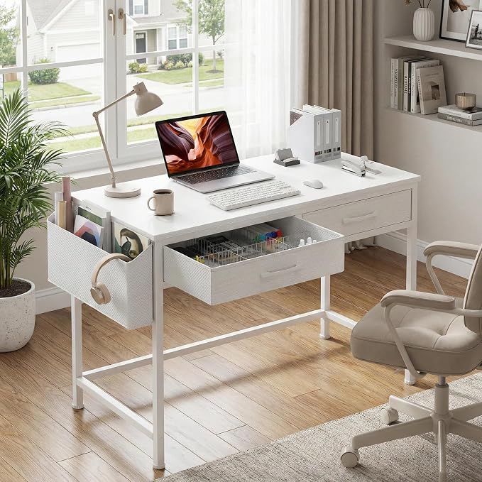 DLisiting White Desk with Storage Drawers - 39 Inch Small Computer Desk with Drawers for Bedroom Home Office, Study Writing Vanity Table Without Mirror for Girls Small Spaces